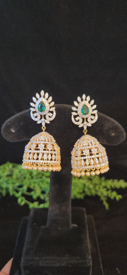 92.5 Silver CZ Emerald Jhumkas