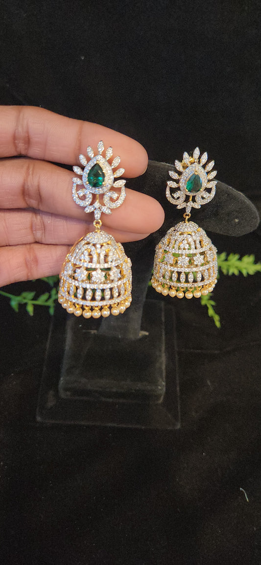 92.5 Silver CZ Emerald Jhumkas