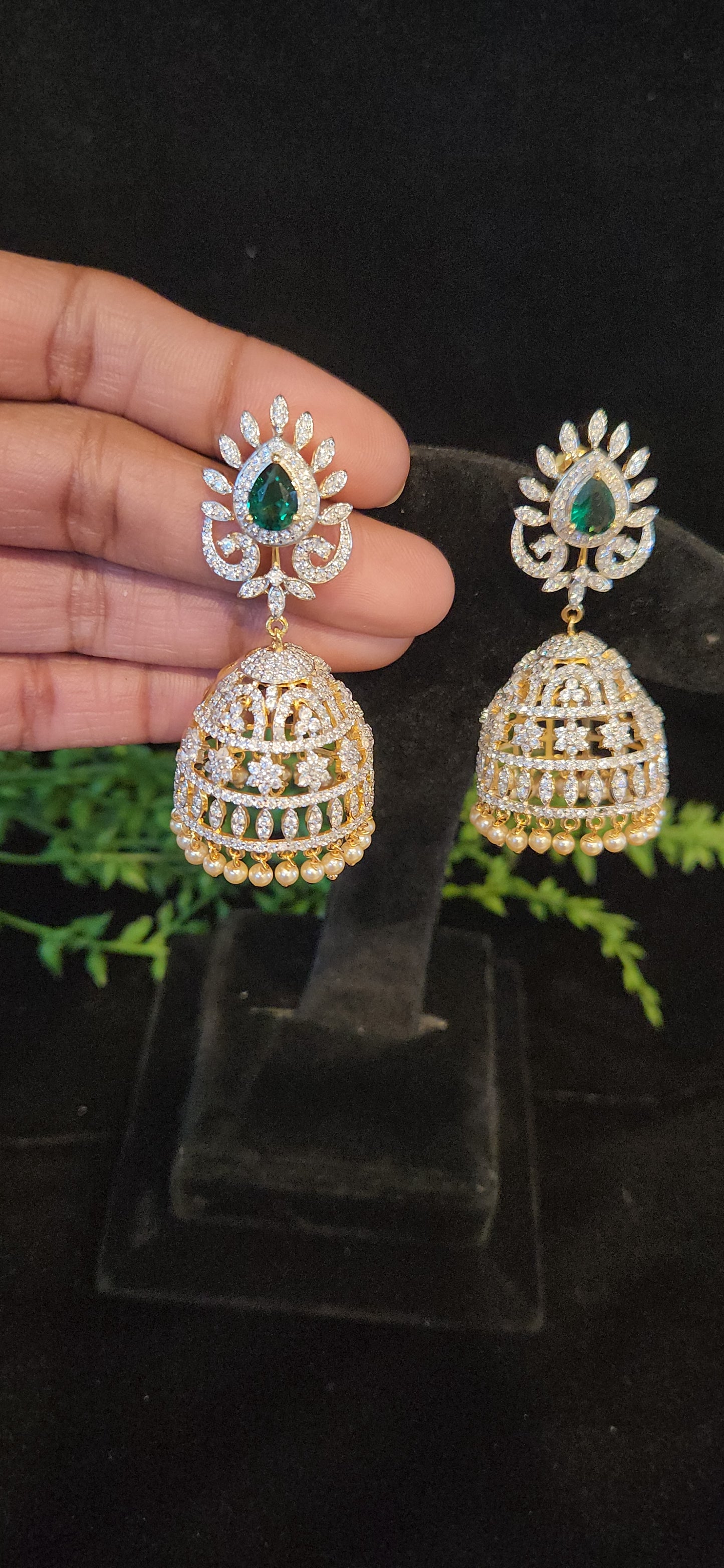 92.5 Silver CZ Emerald Jhumkas