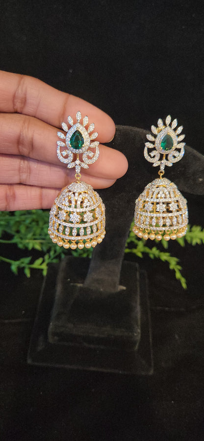 92.5 Silver CZ Emerald Jhumkas