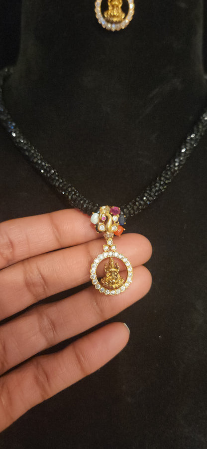 92.5 Silver Lakshmi Devi Peacock Pendant Set