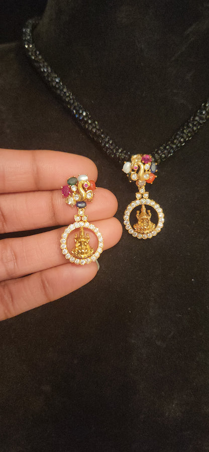 92.5 Silver Lakshmi Devi Peacock Pendant Set