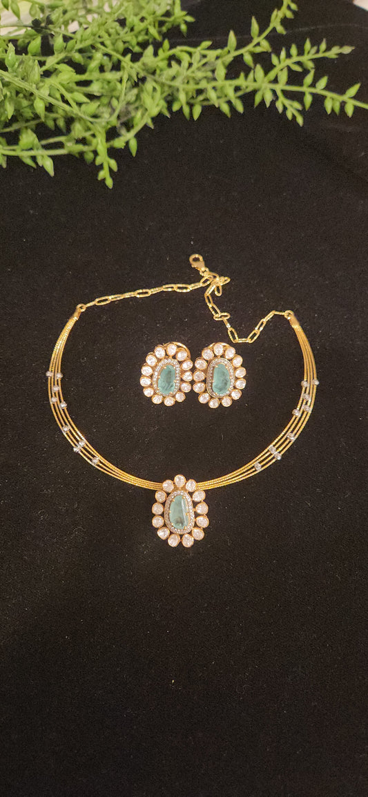 92.5 Silver Russian Emerald and Moissanite Pendant Set