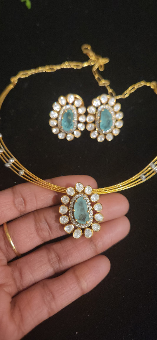 92.5 Silver Russian Emerald and Moissanite Pendant Set