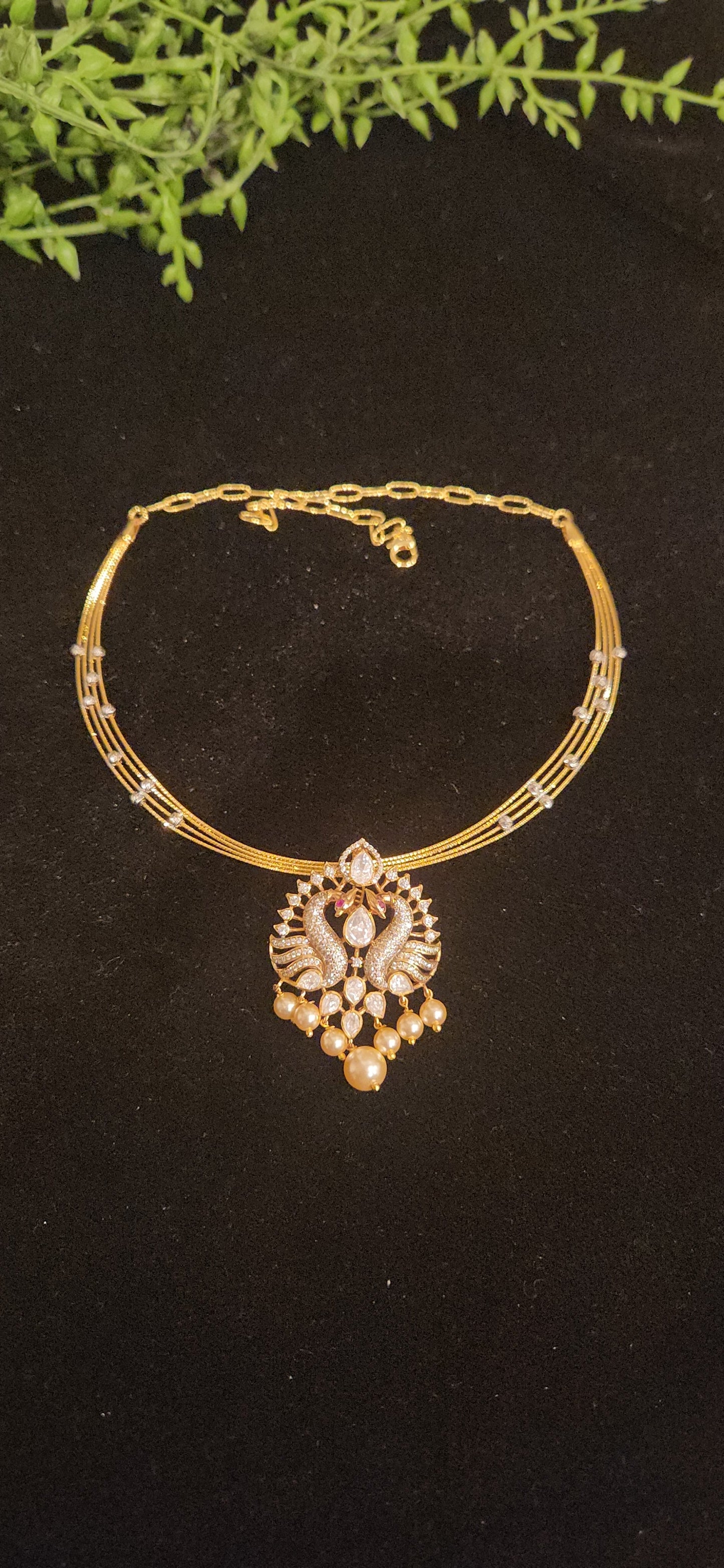 92.5 Silver CZ Peacock Pendant with Golden Bead Droplets