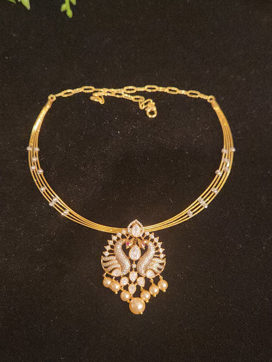 92.5 Silver CZ Peacock Pendant with Golden Bead Droplets