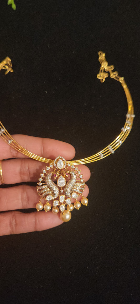 92.5 Silver CZ Peacock Pendant with Golden Bead Droplets