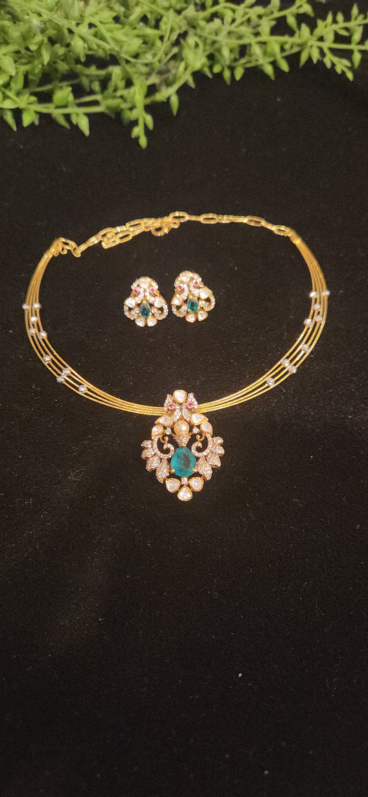 92.5 Silver Peacock & Emerald Pendant Set