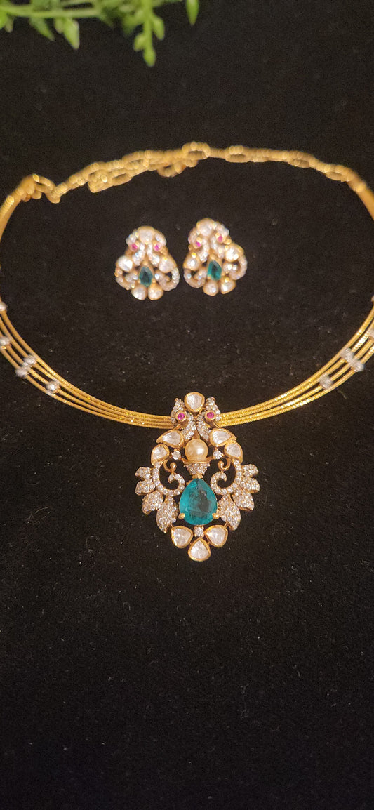 92.5 Silver Peacock & Emerald Pendant Set