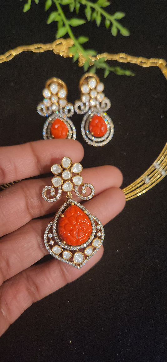 92.5 Silver Teardrop Floral Coral Pendant with Moissanite & CZ