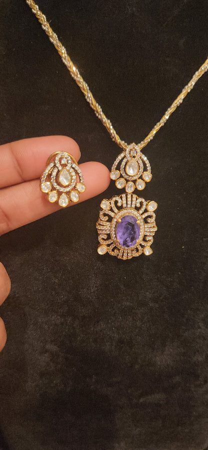 92.5 Silver Violet Stone CZ Pendant with Matching Studs