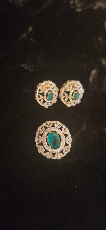 Elegant CZ Emerald Pendant Set with Matching Studs