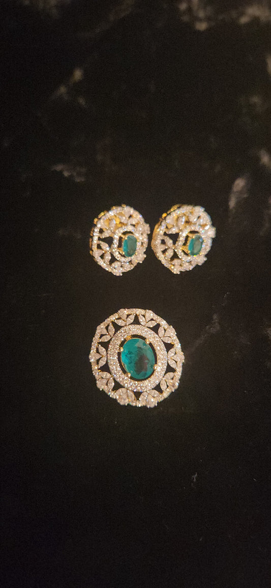 Elegant CZ Emerald Pendant Set with Matching Studs