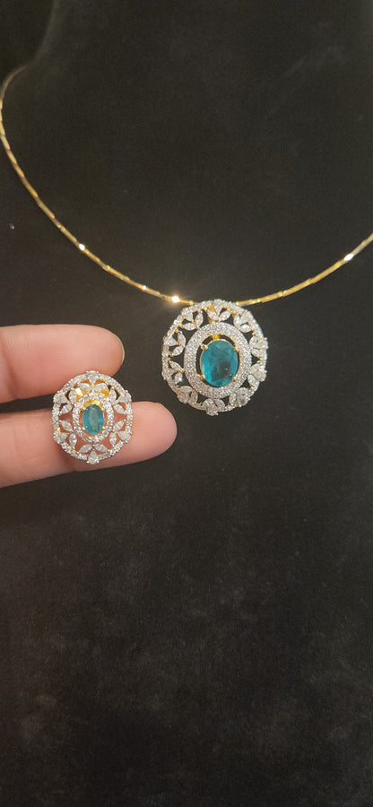 Elegant CZ Emerald Pendant Set with Matching Studs