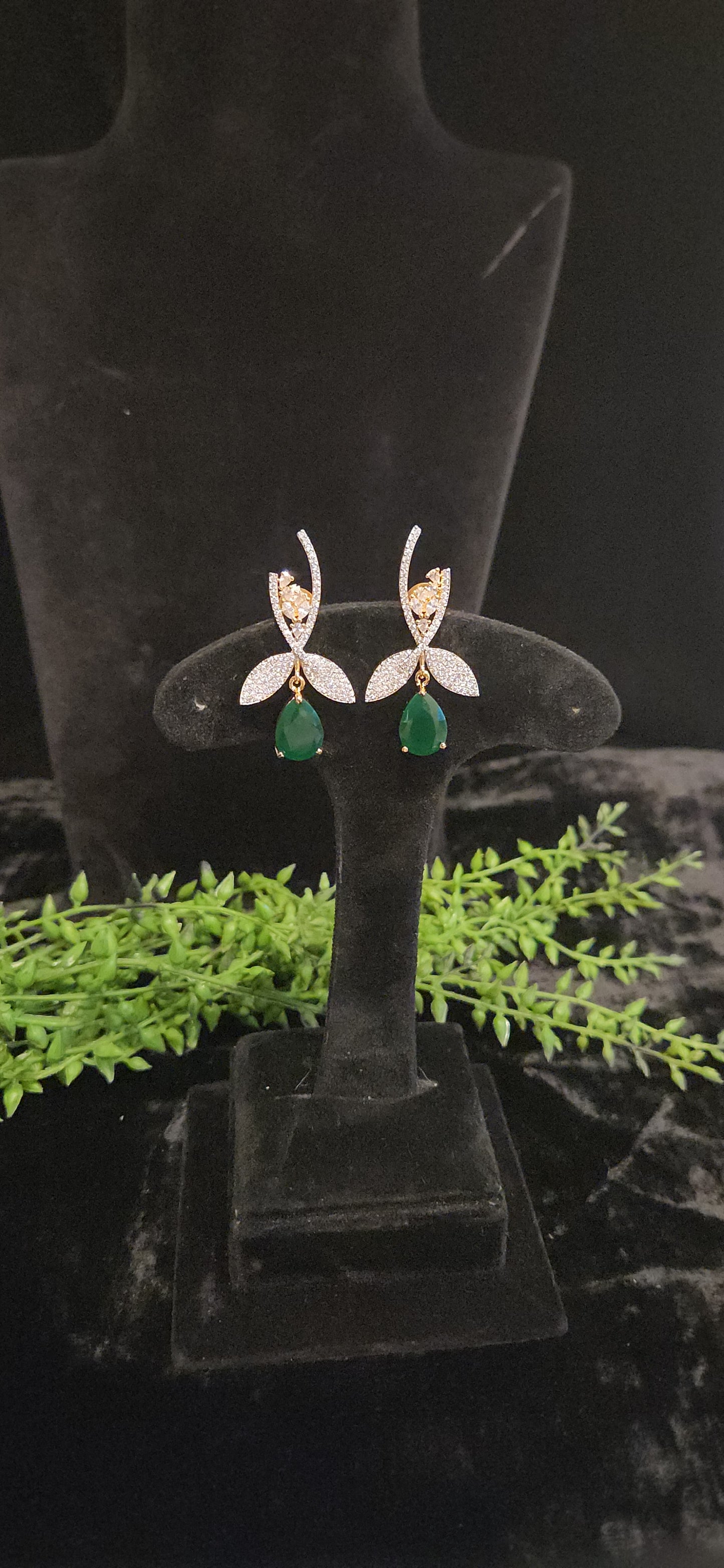 Elegant Emerald Drop and CZ Leaf Branch Earrings