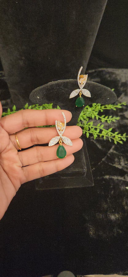 Elegant Emerald Drop and CZ Leaf Branch Earrings