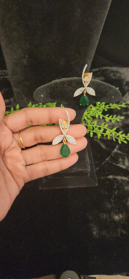 Elegant Emerald Drop and CZ Leaf Branch Earrings