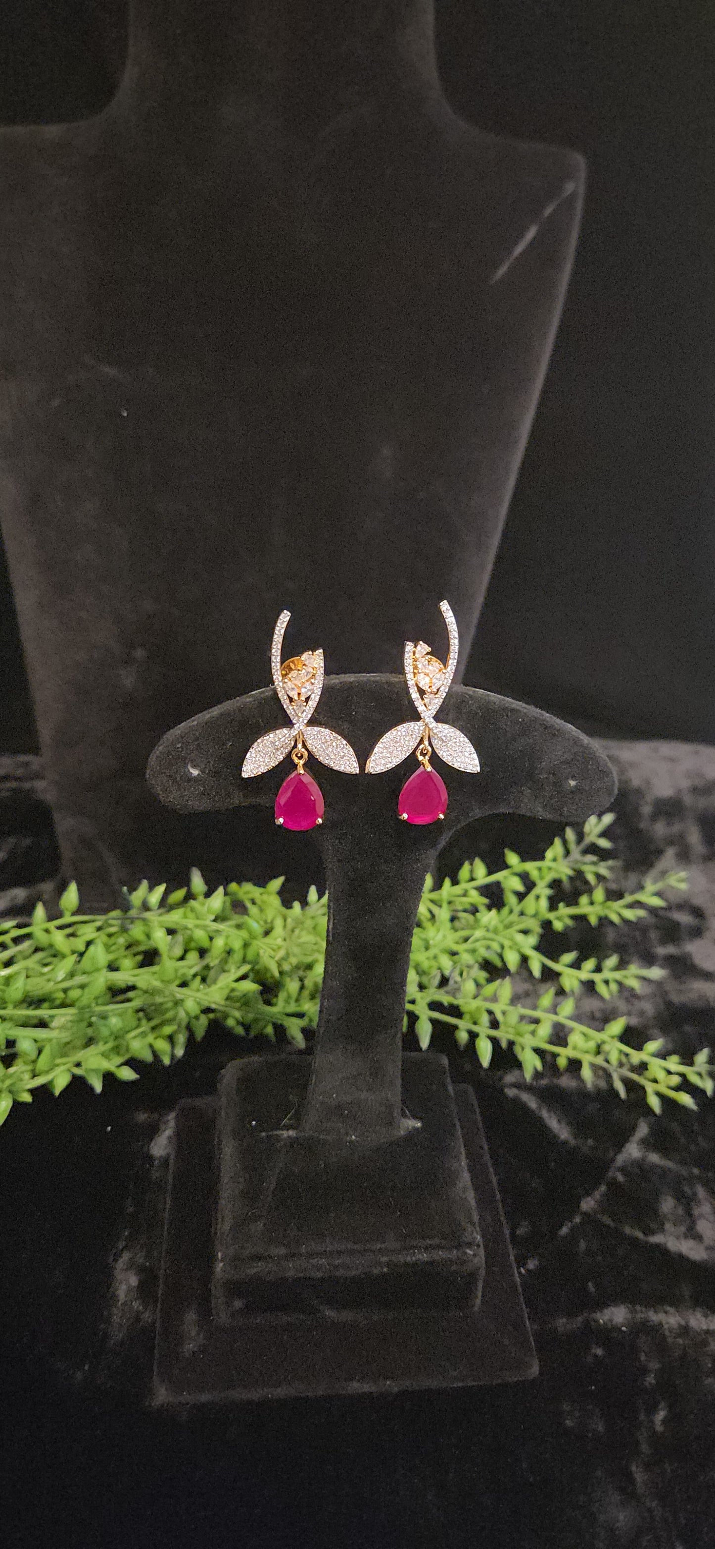 Elegant Emerald Drop and CZ Leaf Branch Earrings