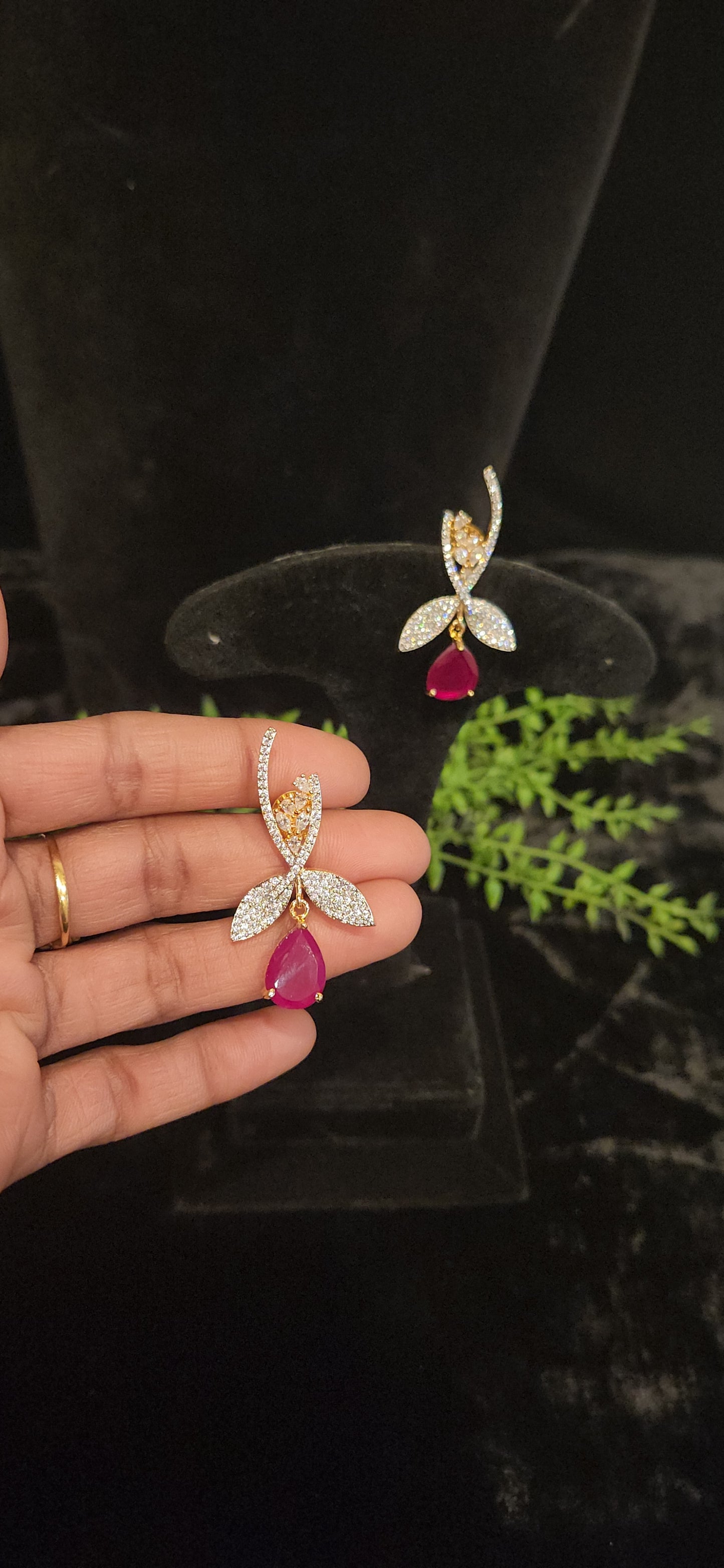 Elegant Emerald Drop and CZ Leaf Branch Earrings