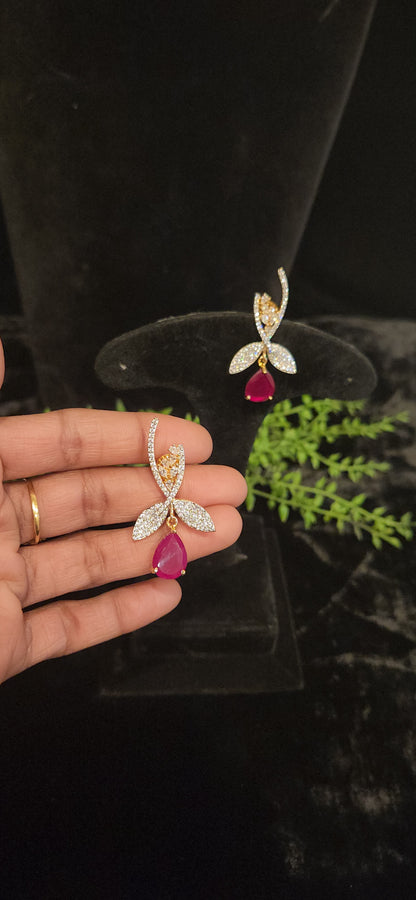 Elegant Emerald Drop and CZ Leaf Branch Earrings