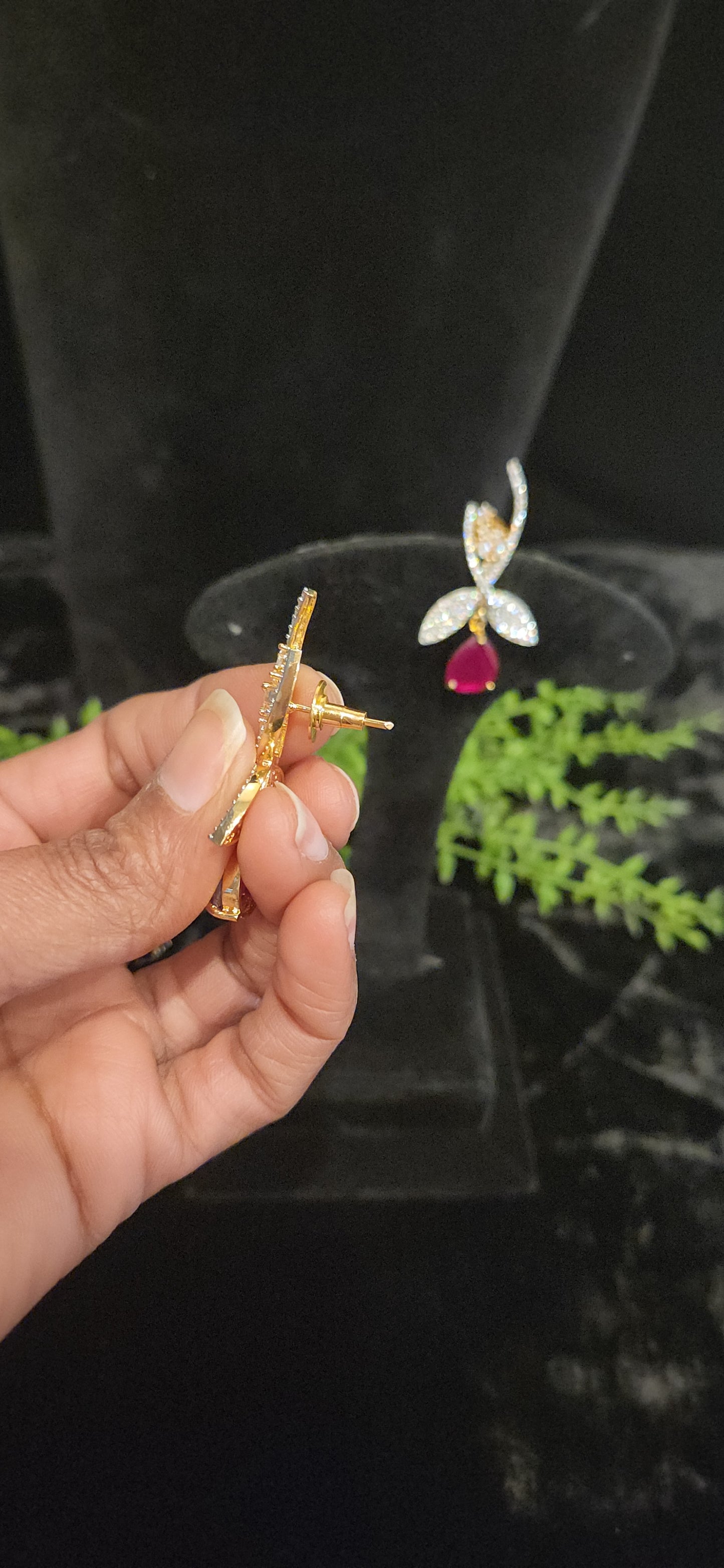 Elegant Emerald Drop and CZ Leaf Branch Earrings