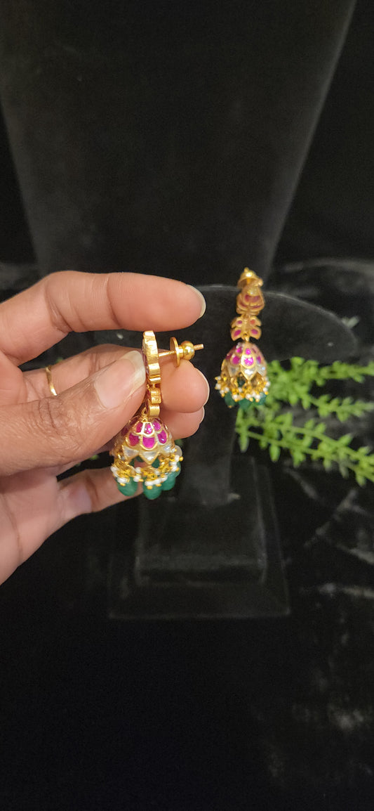 Exquisite Pink Kundan Floral Jhumkas