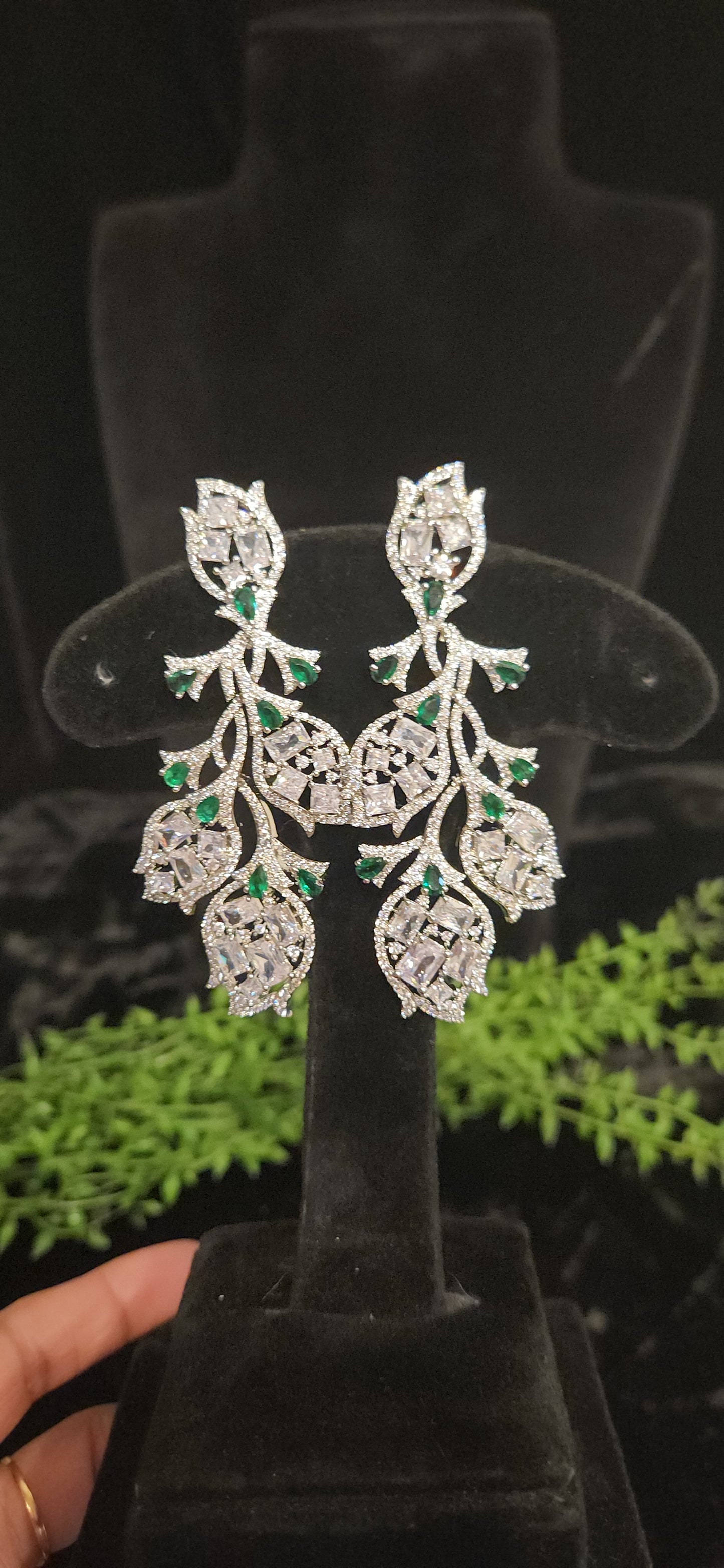 Elegant Floral Emerald and CZ Designer Earrings