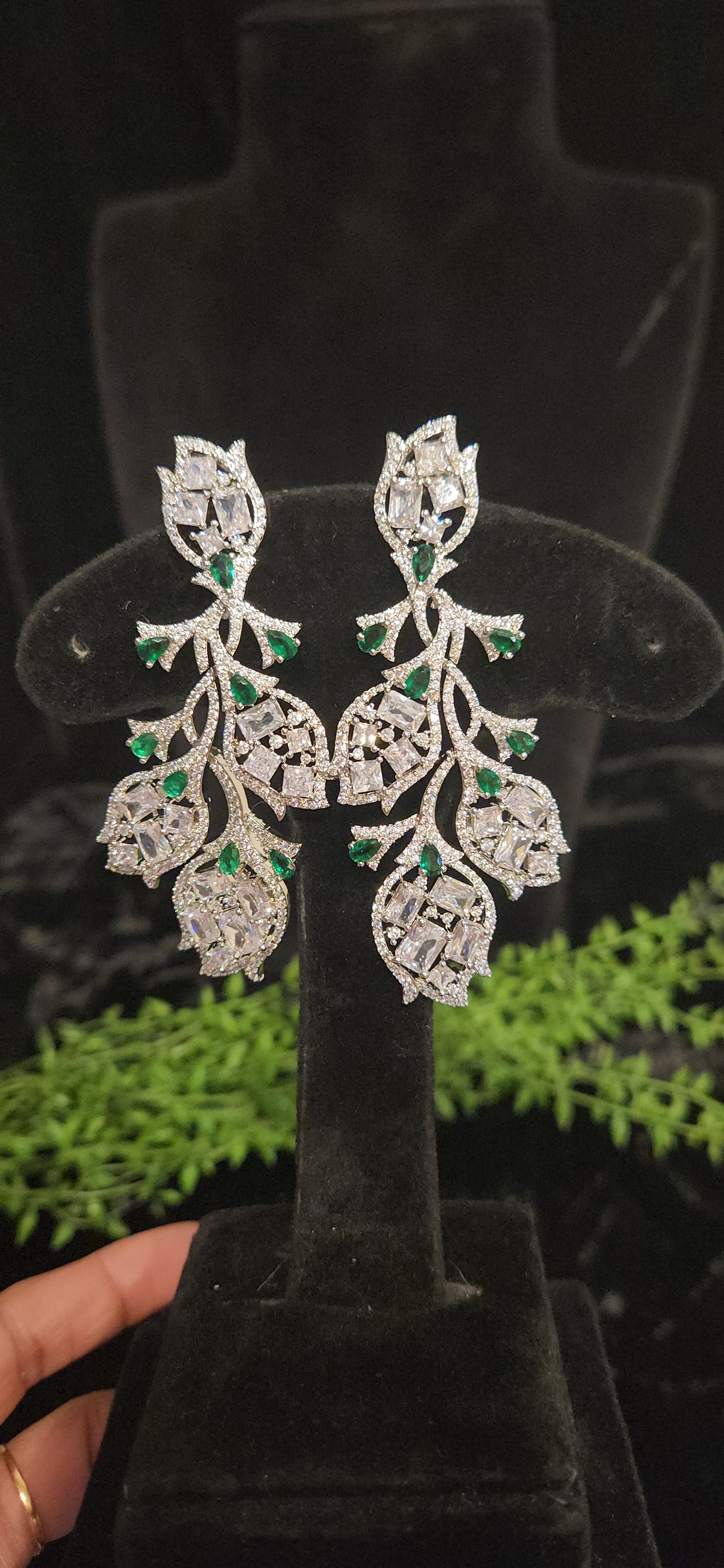 Elegant Floral Emerald and CZ Designer Earrings