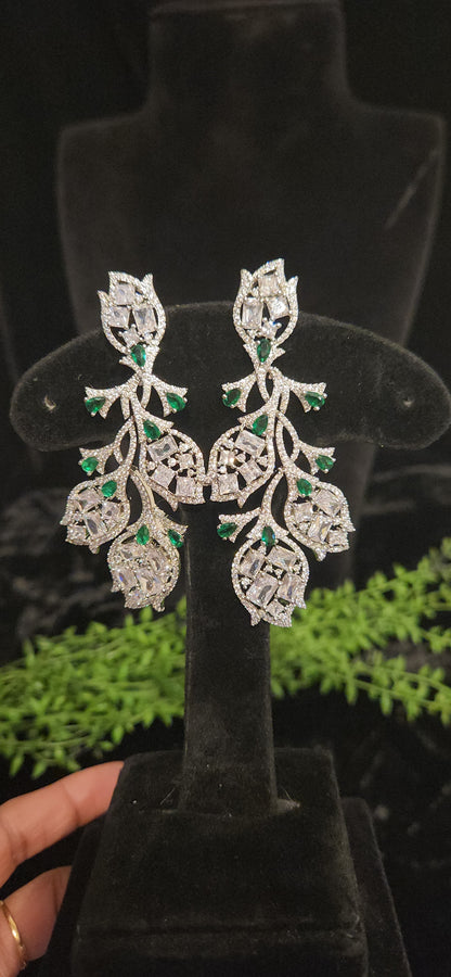 Elegant Floral Emerald and CZ Designer Earrings