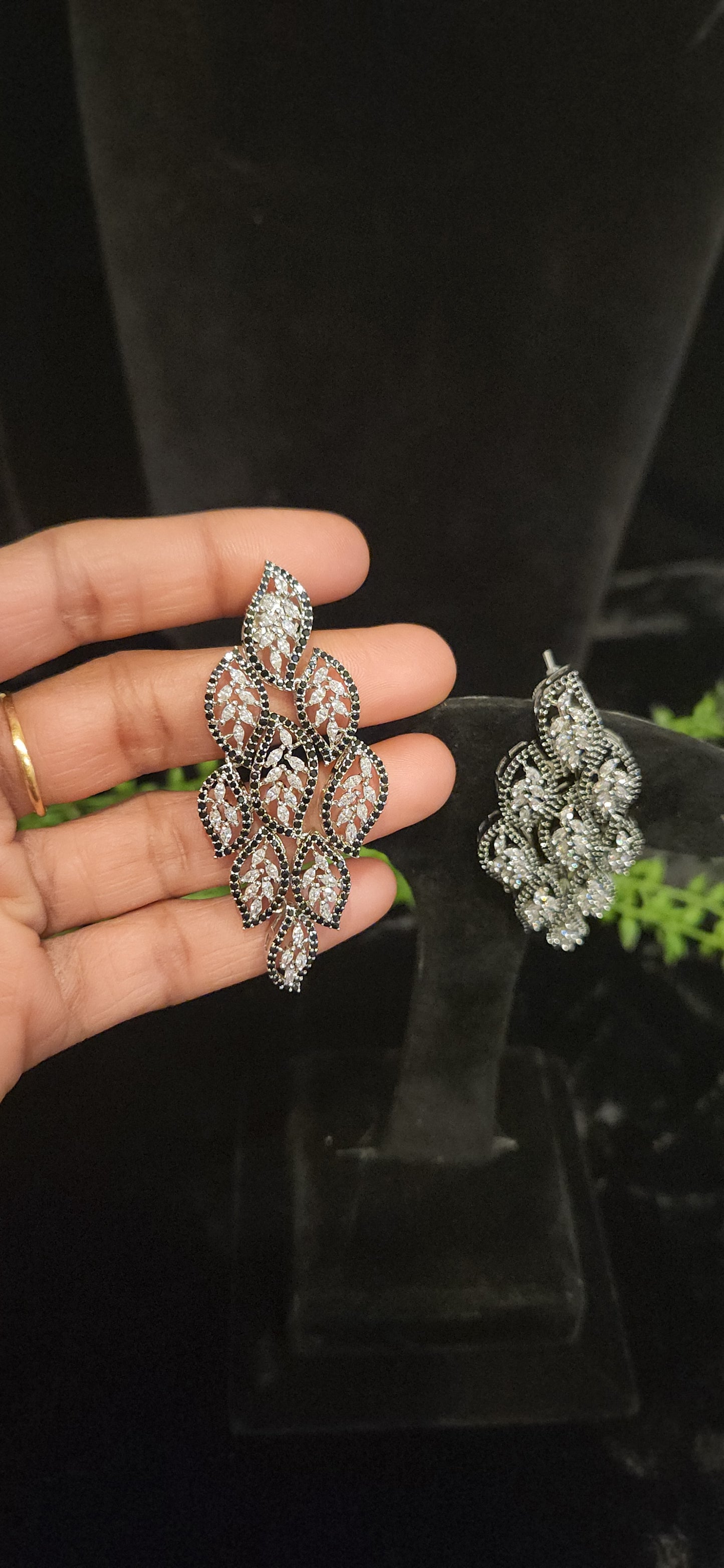 Elegant CZ and Black Stone Multiple Leaf Earrings