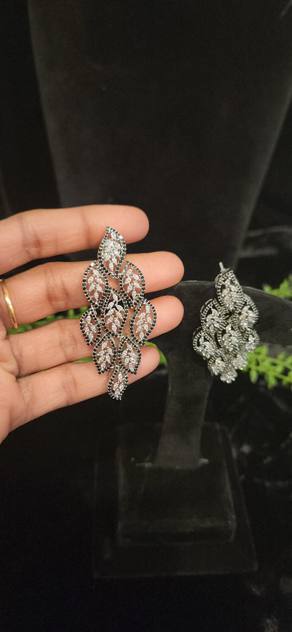 Elegant CZ and Black Stone Multiple Leaf Earrings