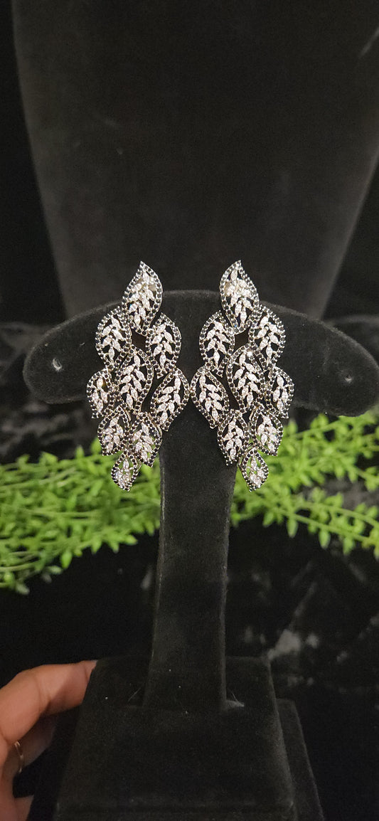 Elegant CZ and Black Stone Multiple Leaf Earrings