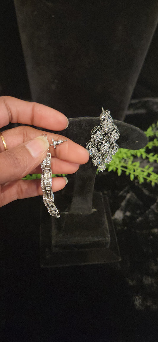 Elegant CZ and Black Stone Multiple Leaf Earrings