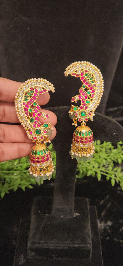 Regal Peacock Ear Cuff Kundan Jhumkas