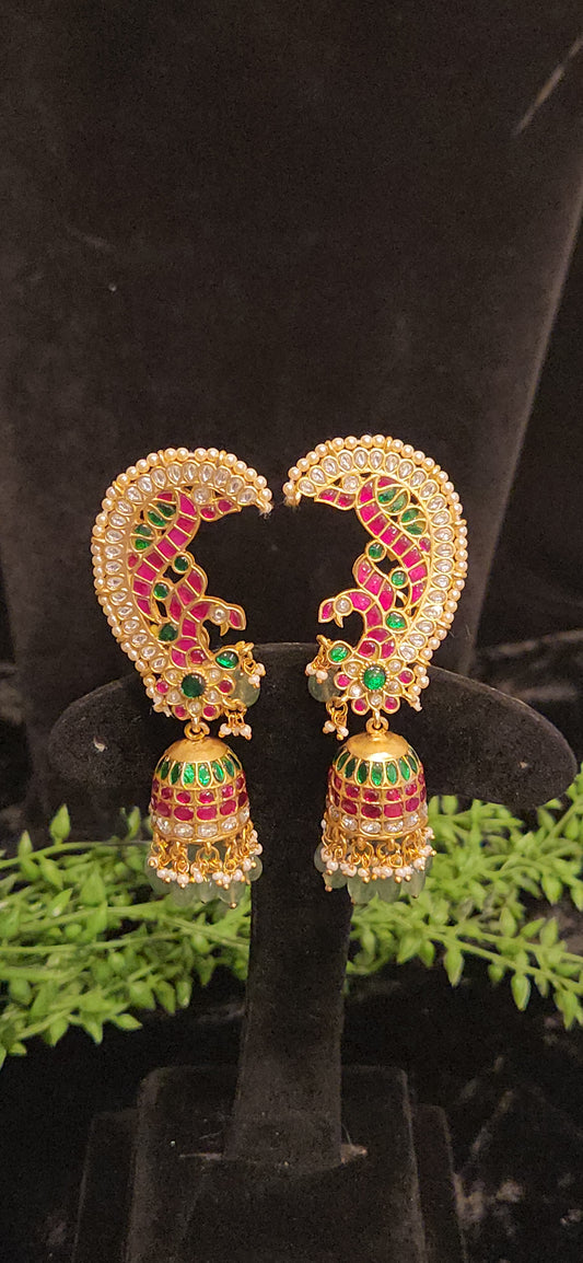Regal Peacock Ear Cuff Kundan Jhumkas