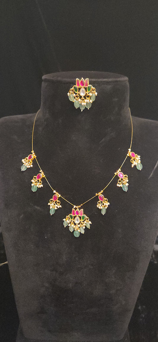 Exquisite Kundan Lotus & Teardrop Motif Necklace Set