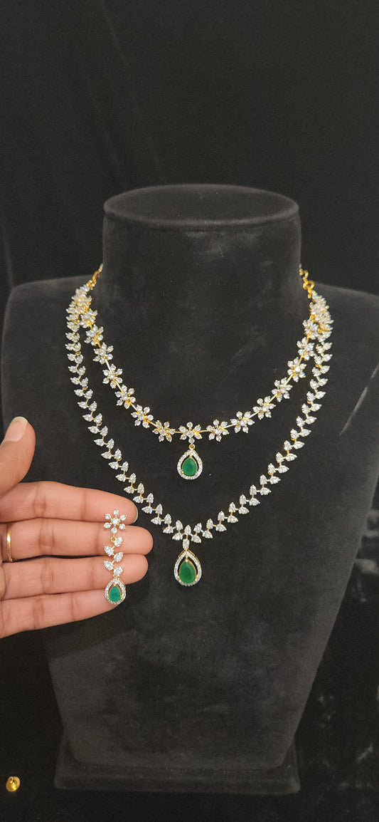 Double Layered CZ Emerald Drop Necklace Set