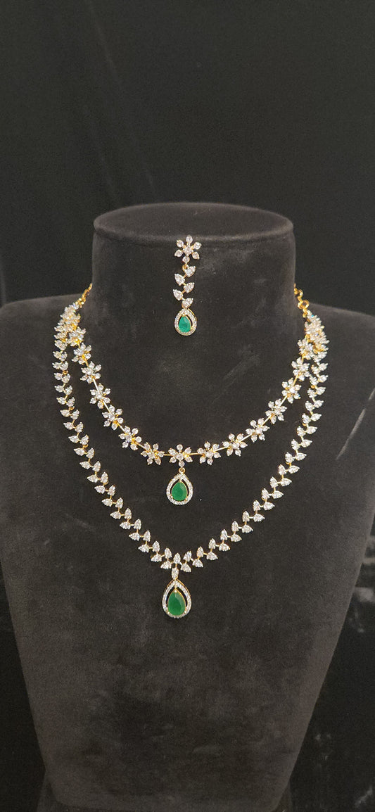 Double Layered CZ Emerald Drop Necklace Set