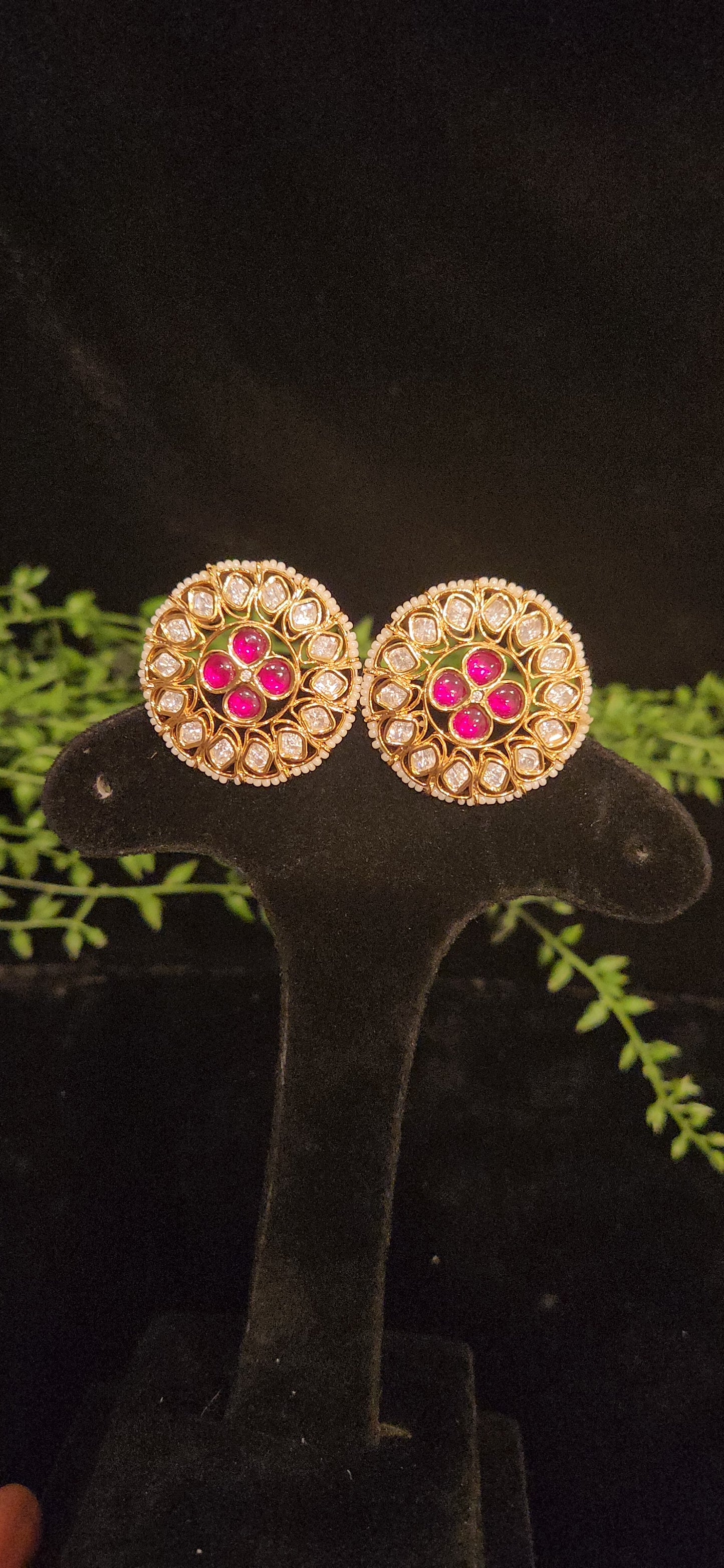 Charming Pink Kundan Floral Designer Studs