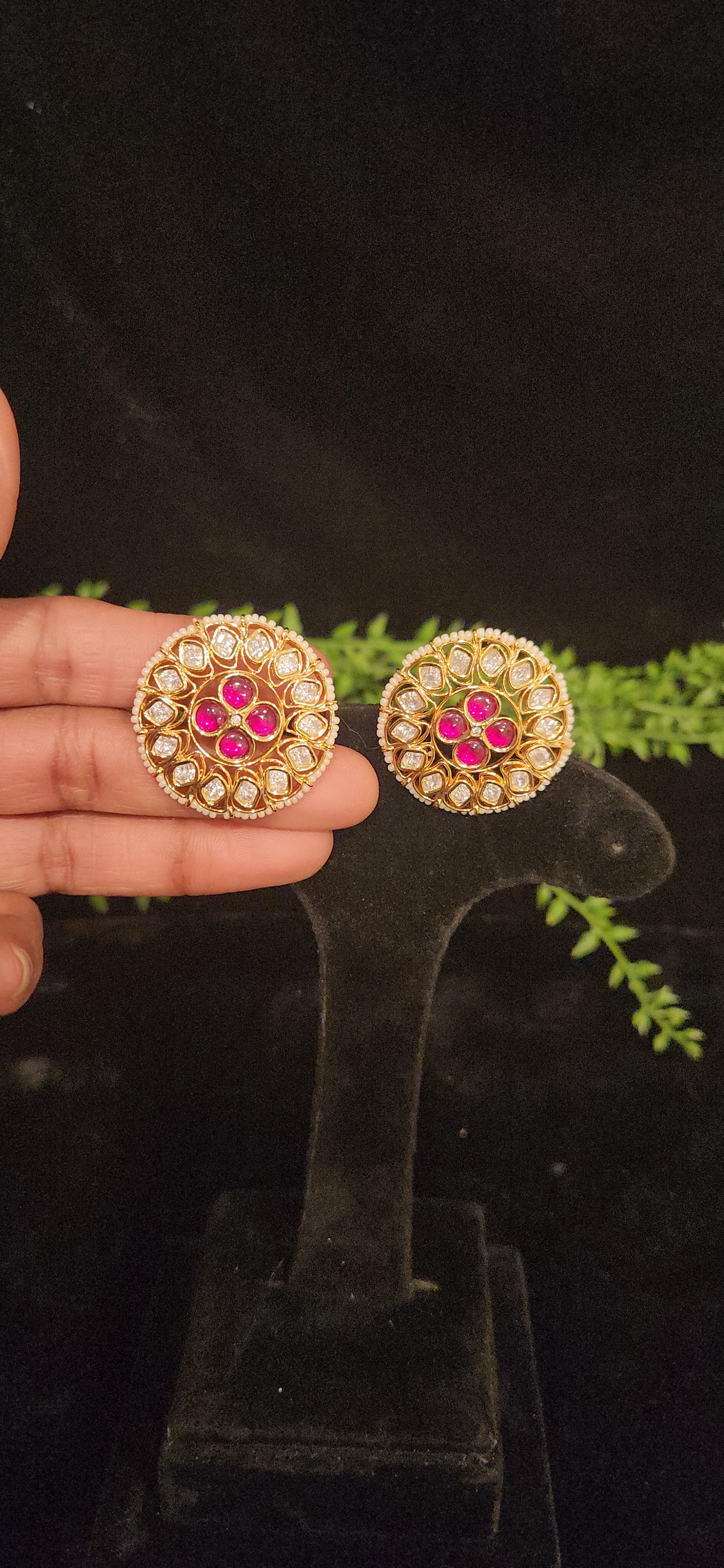 Charming Pink Kundan Floral Designer Studs