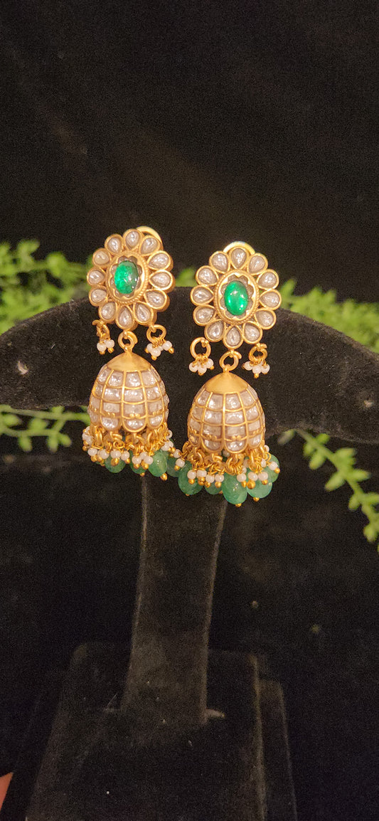Elegant Green and White Kundan Jhumkas