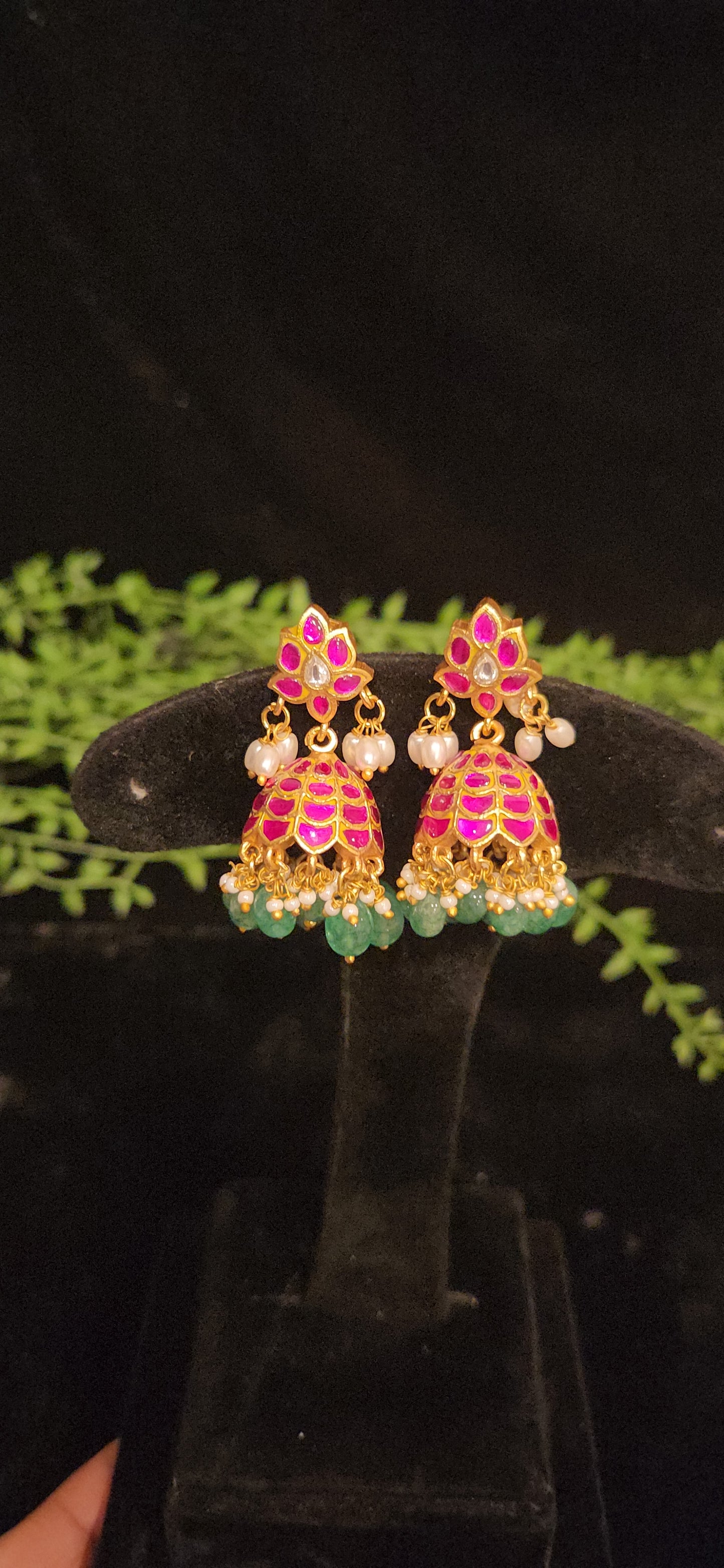 Charming Pink Flower & Kundan Checks Jhumkas