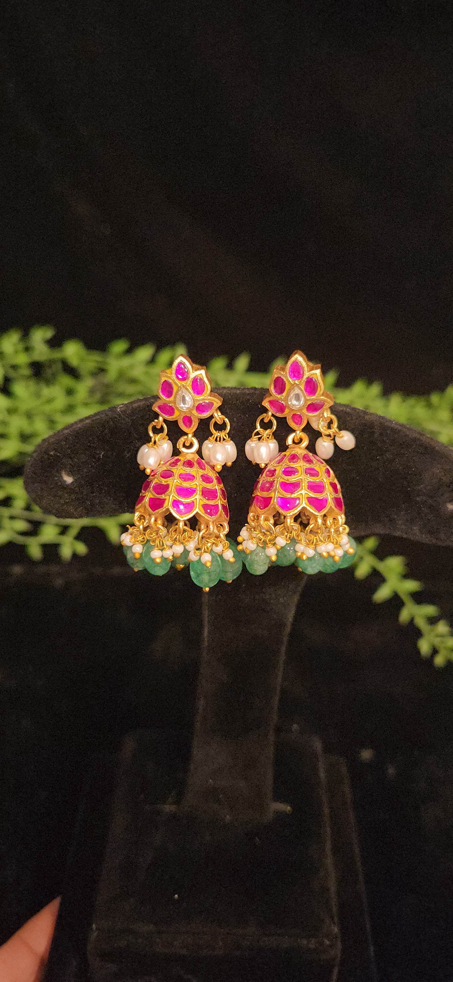 Floral Pink Kundan Jhumkas
