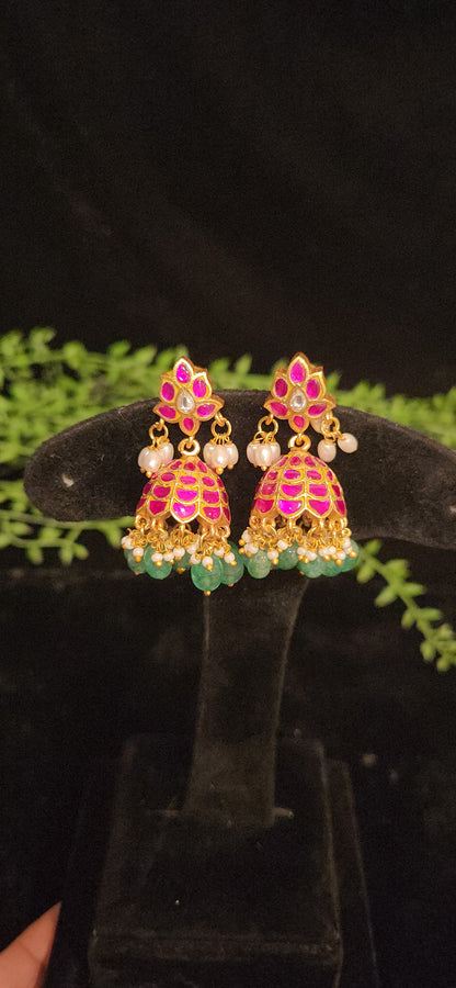 Charming Pink Flower & Kundan Checks Jhumkas