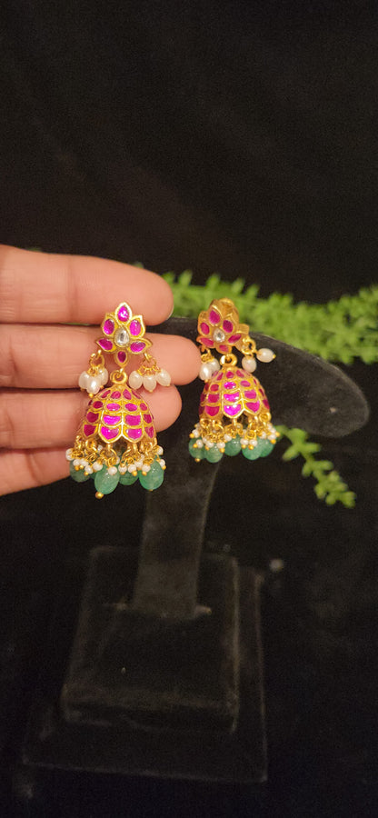 Floral Pink Kundan Jhumkas