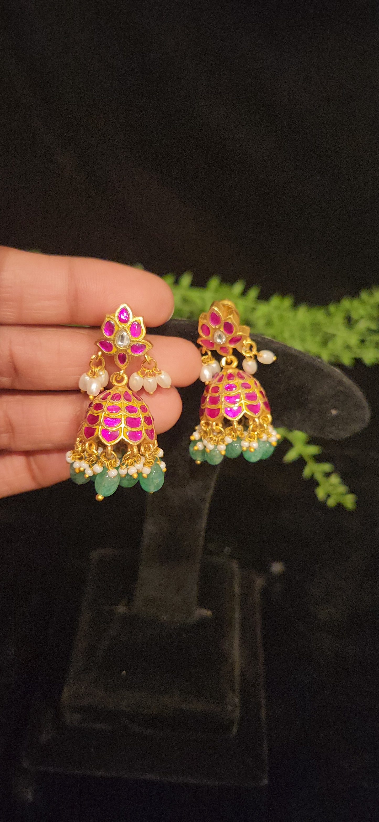 Charming Pink Flower & Kundan Checks Jhumkas
