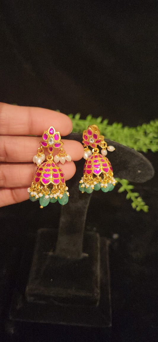 Charming Pink Flower & Kundan Checks Jhumkas