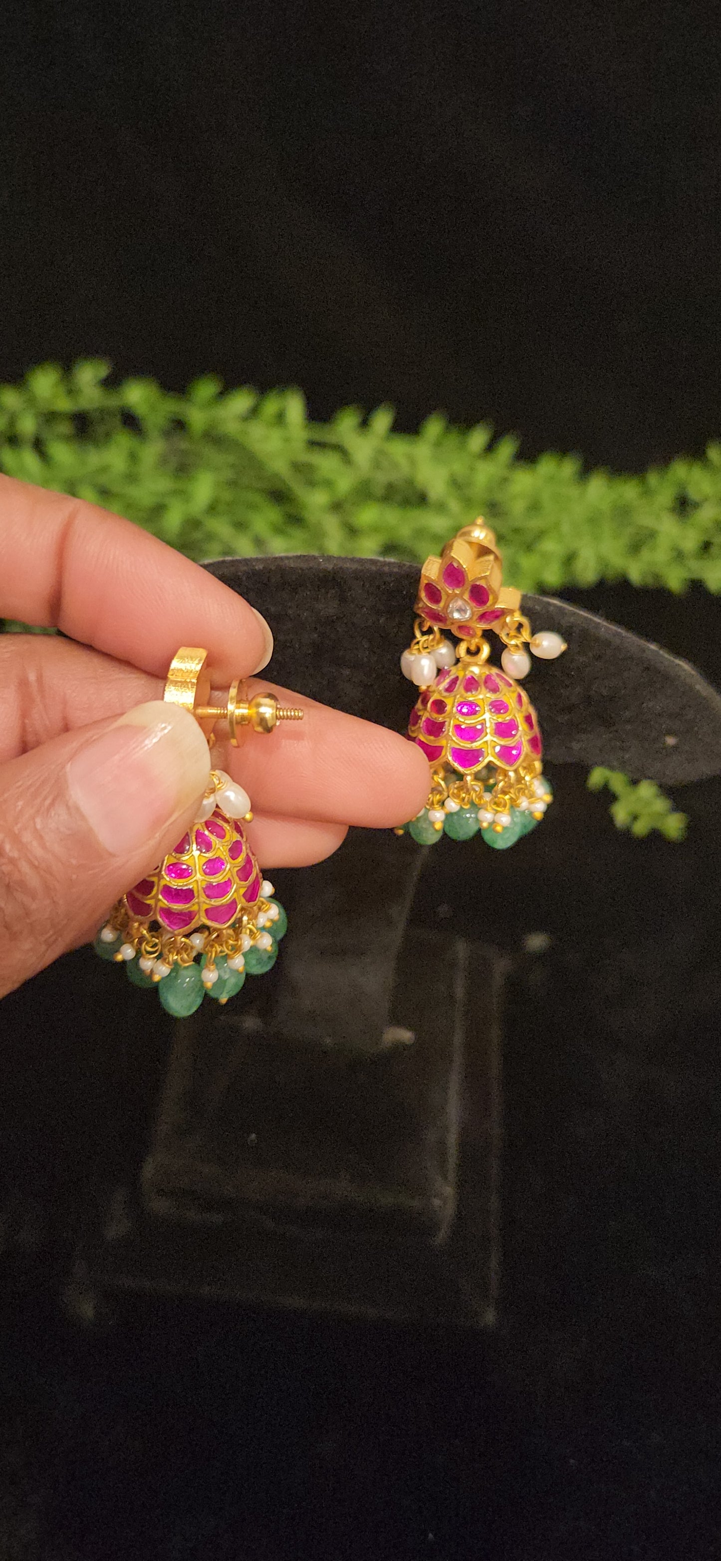 Charming Pink Flower & Kundan Checks Jhumkas
