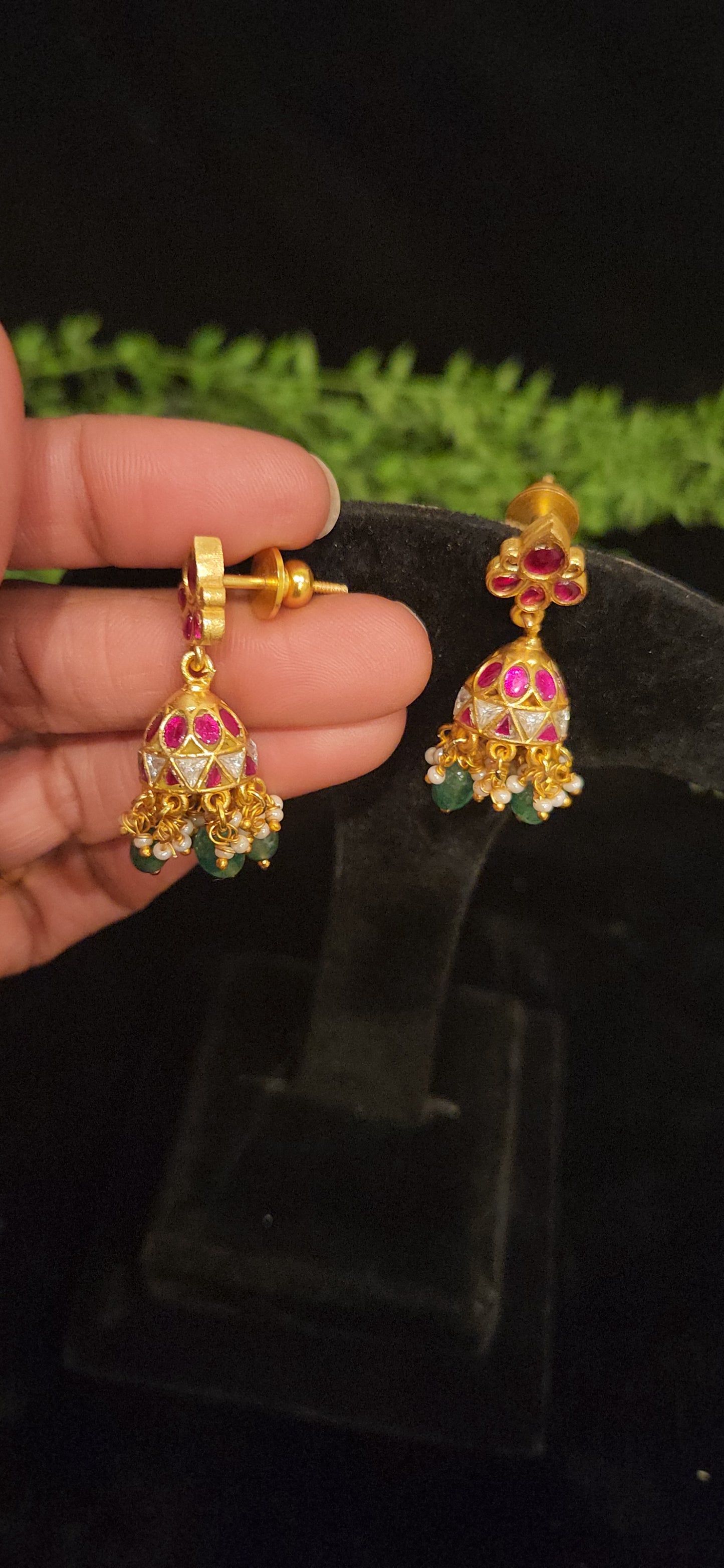 Exquisite Pink and White Kundan Jhumkas