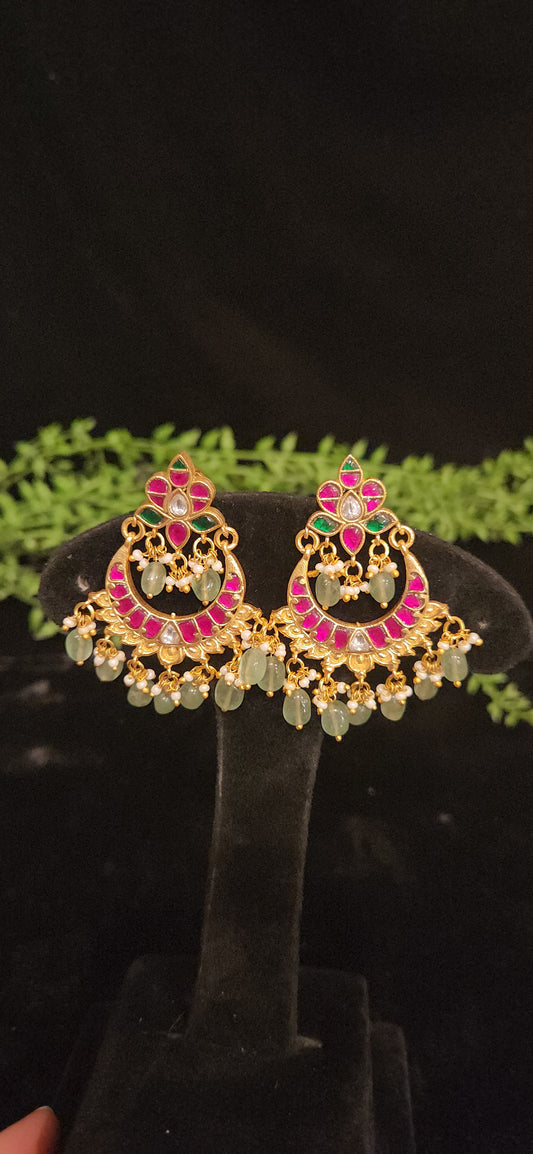 Majestic Pink & Green Chandbali Kundan Jhumkas